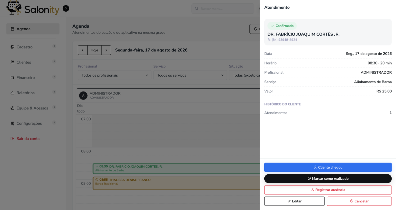 Painel lateral com os dados do atendimento e as ações disponíveis