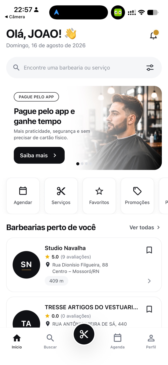 Aplicativo do cliente do Salonity com as barbearias próximas