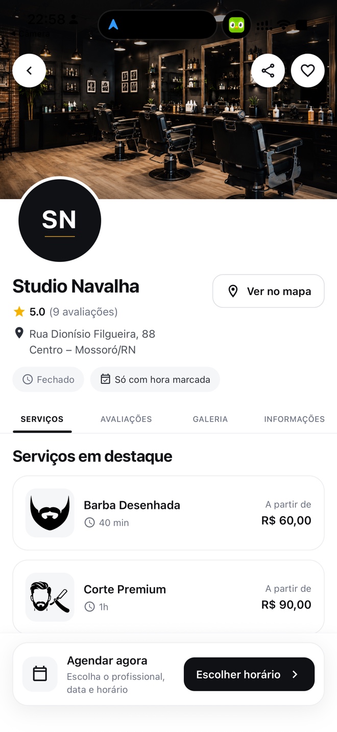Perfil da barbearia no app com serviços, preços e botão de escolher horário