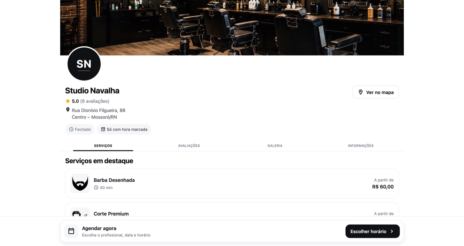 Perfil público da barbearia com serviços em destaque e avaliações